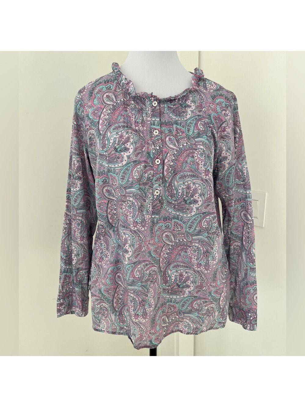 TALBOTS Paisley Ruffle Neck Pullover Half Button Blouse 100% Cotton Casual Boho